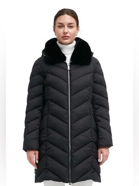 BINACL Women's Black Quilted Long Puffer Coat, Faux Fur Collar, Wind Proof. R14